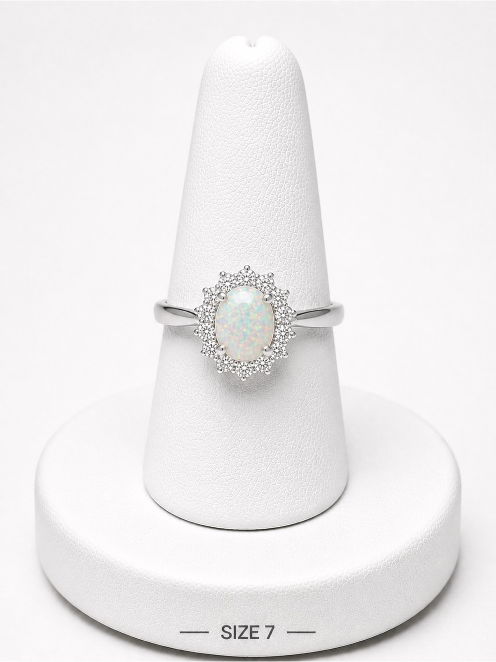 Opal Halo Ring in White and Silver - Size 7